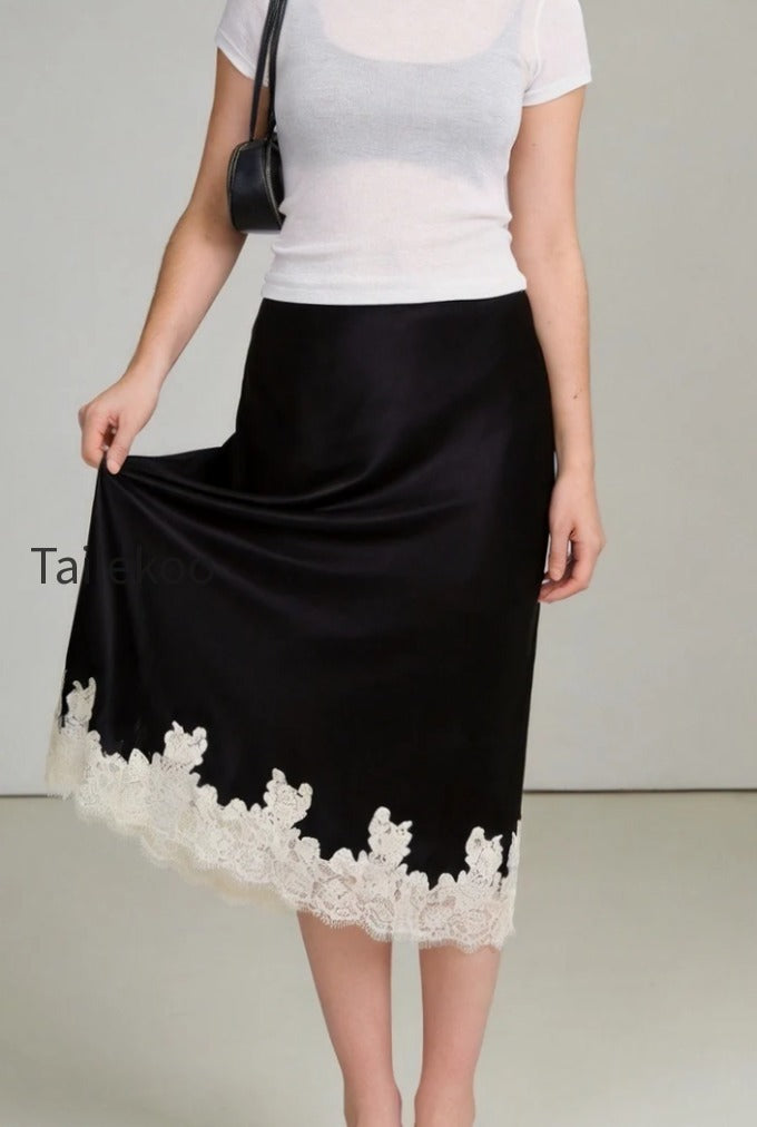 lace-trim-satin-midi-skirt