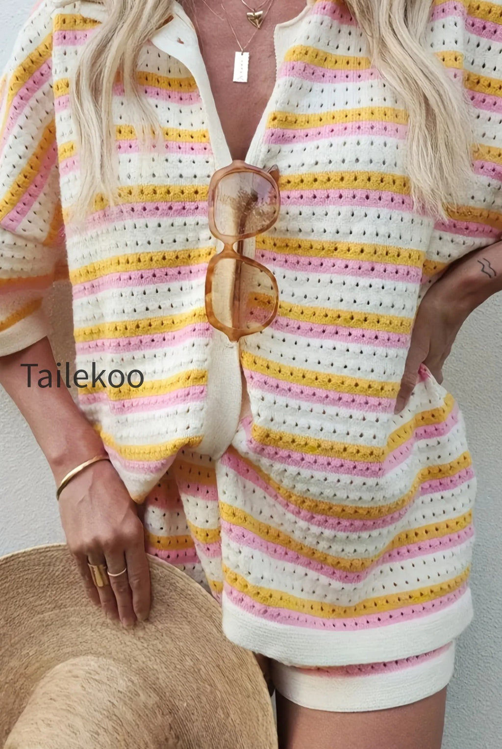 striped-hollow-out-knit-two-piece-set