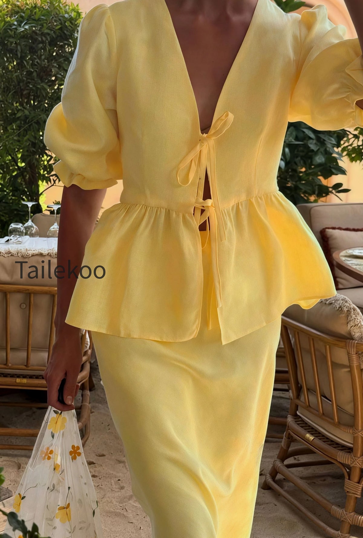 solid-casual-v-neck-ruffle-short-sleeve-skirt-set